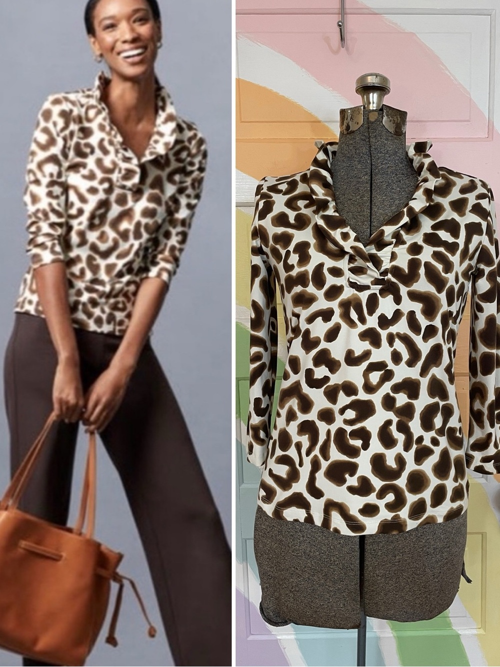 J. McLaughlin Durham Catalina Cloth Animal Print Ruffle Neck Top - Sz XS 💚🎀
